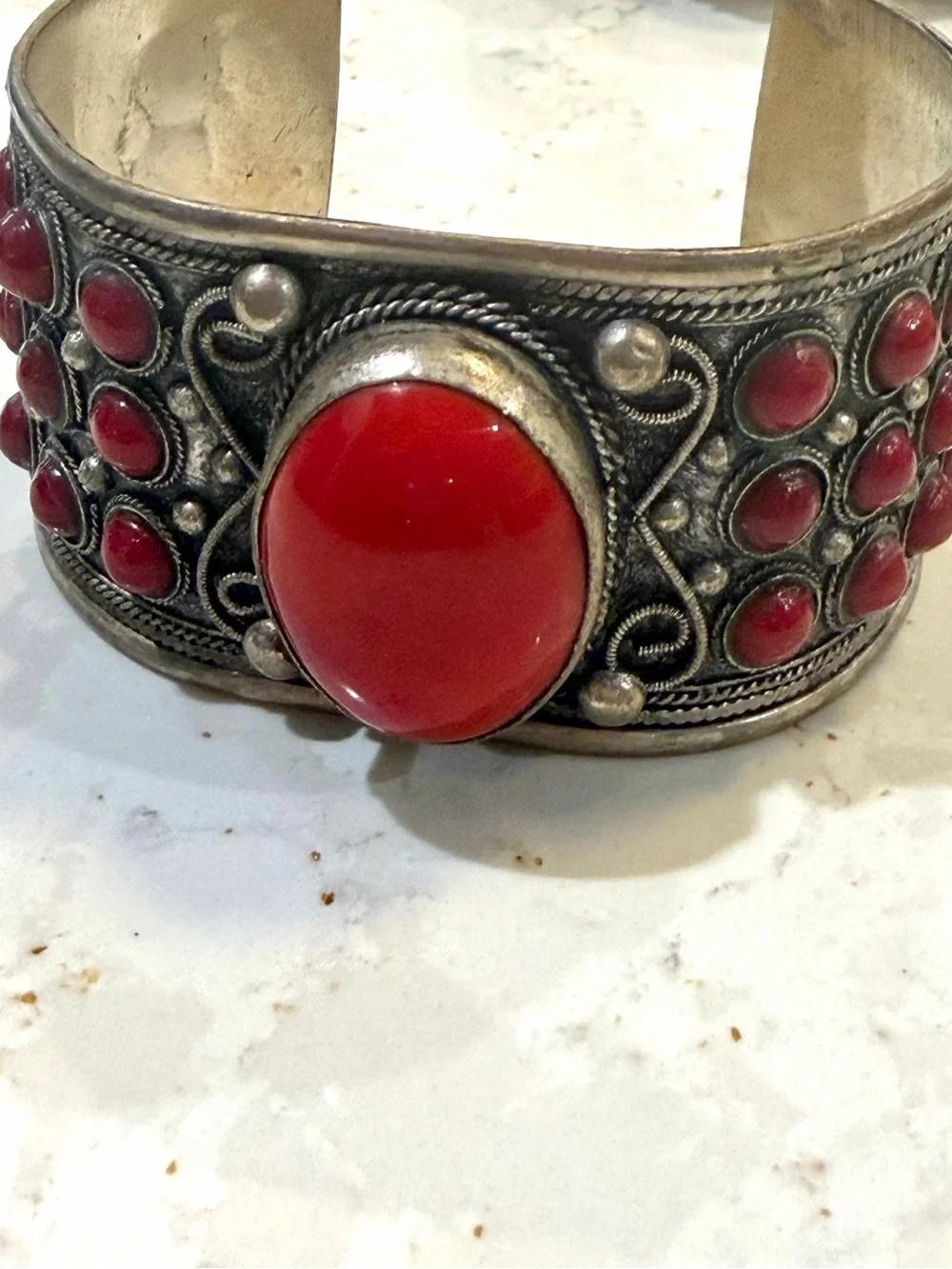 Vintage Ornate Alpaca Statement Cuff Bracelet Red Cabochon Stones